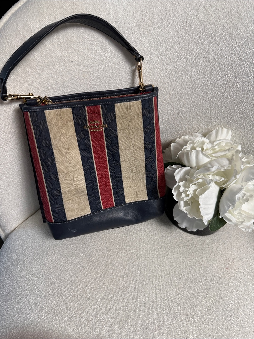 Coach Navy, Red & Cream Signature Stripe Shoulder Bag